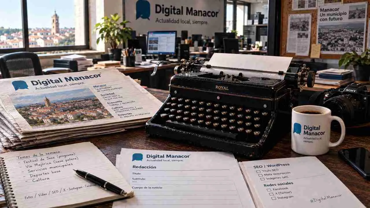 Mesa de la redacción de Digital Manacor con máquina de escribir, taza corporativa y documentos de trabajo