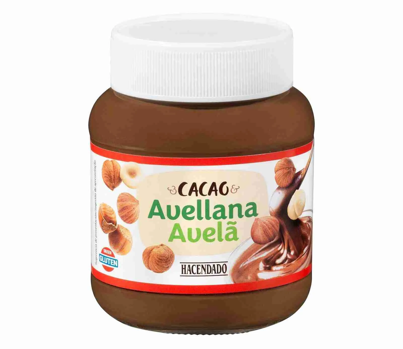 Tarro de crema de cacao y avellana de la marca Hacendado con tapa blanca sobre fondo neutro
