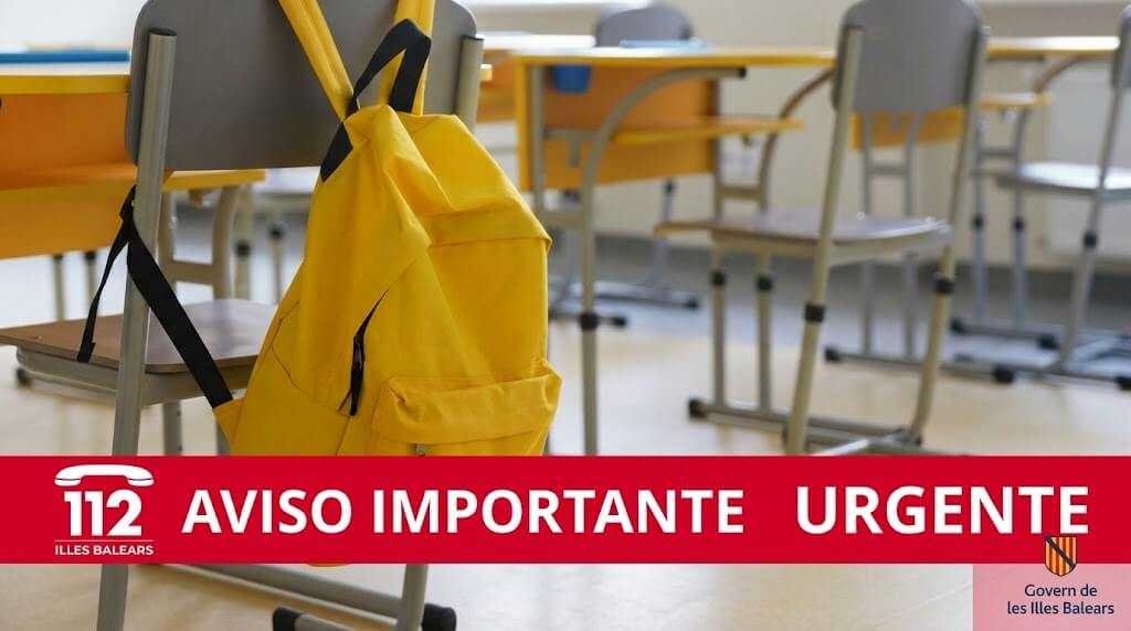Cartel de aviso importante y urgente del 112 Illes Balears sobre suspensión de clases
