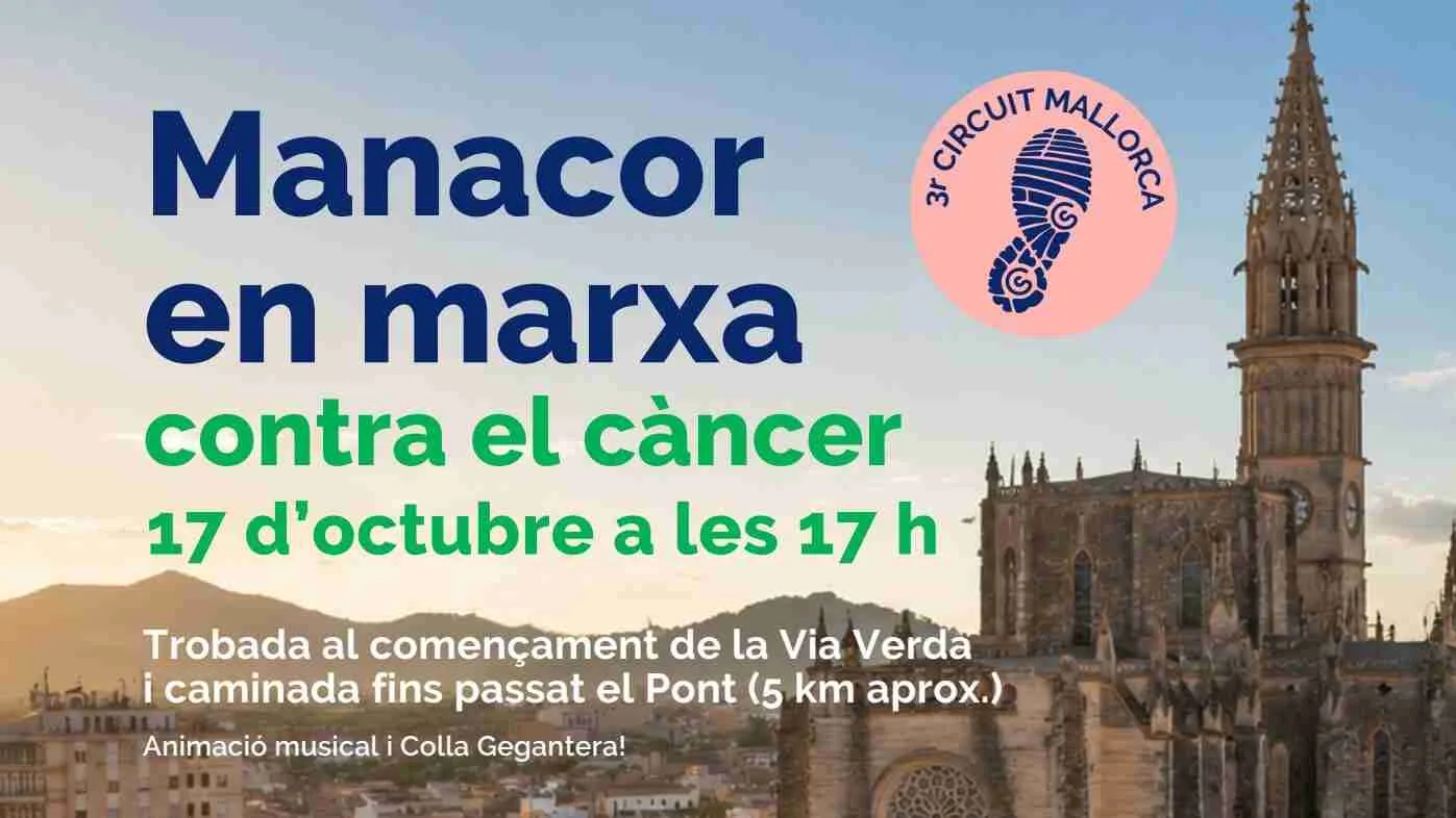 Cabecera informativa de Manacor en marxa contra el càncer con la iglesia dels Dolors de fondo