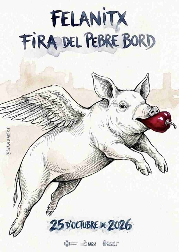 Cartel oficial de la Fira del Pebre Bord con un cerdo alado