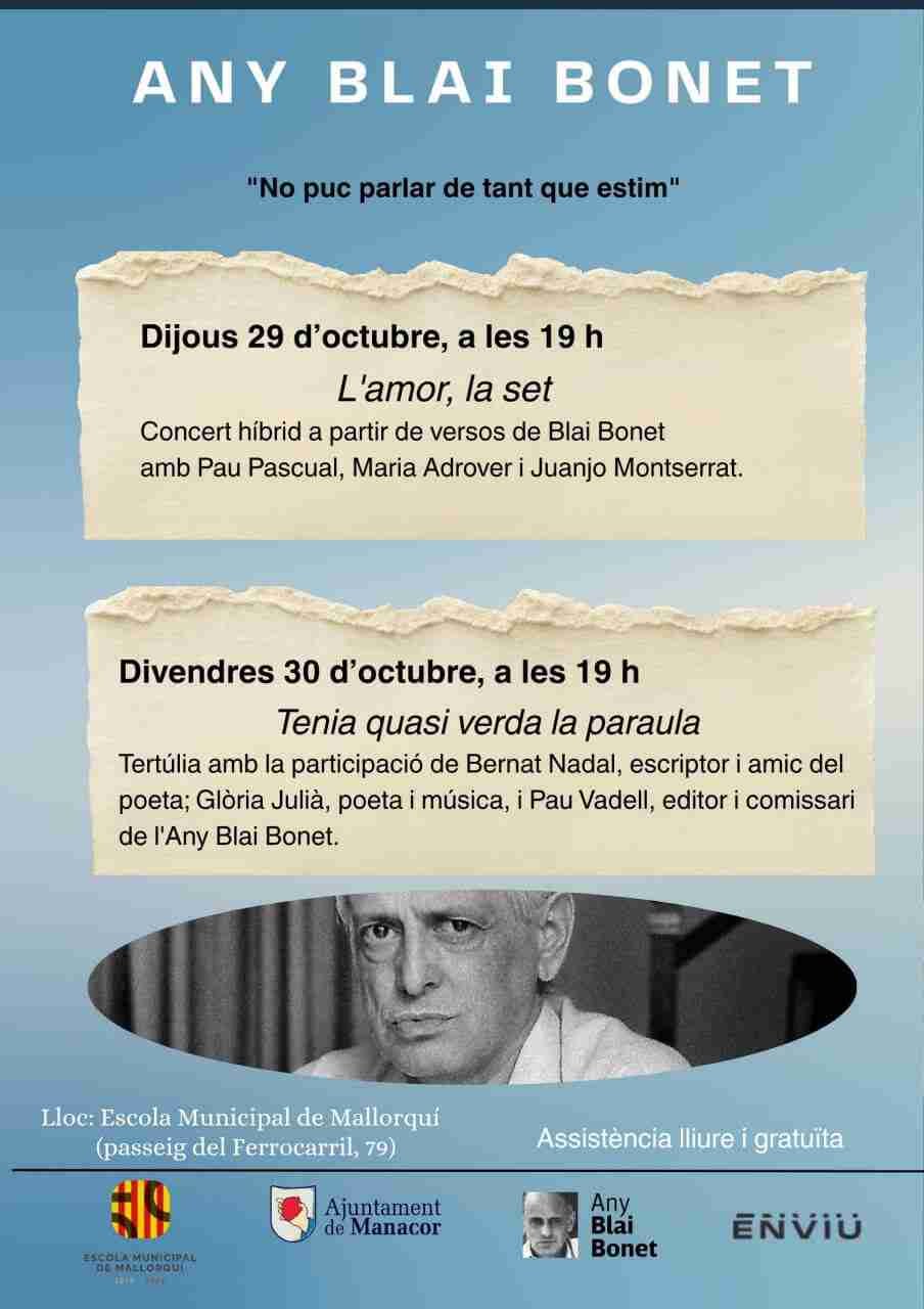 Cartel de los actos del centenario de Blai Bonet en la Escuela Municipal de Mallorquín de Manacor