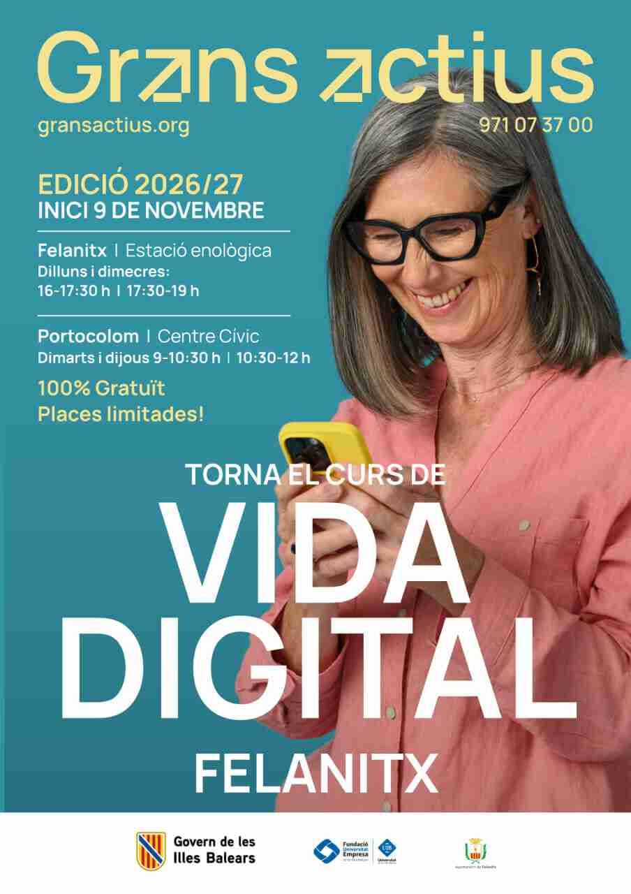 Cartel promocional de los cursos gratuitos de tecnología para mayores en Felanitx y Portocolom