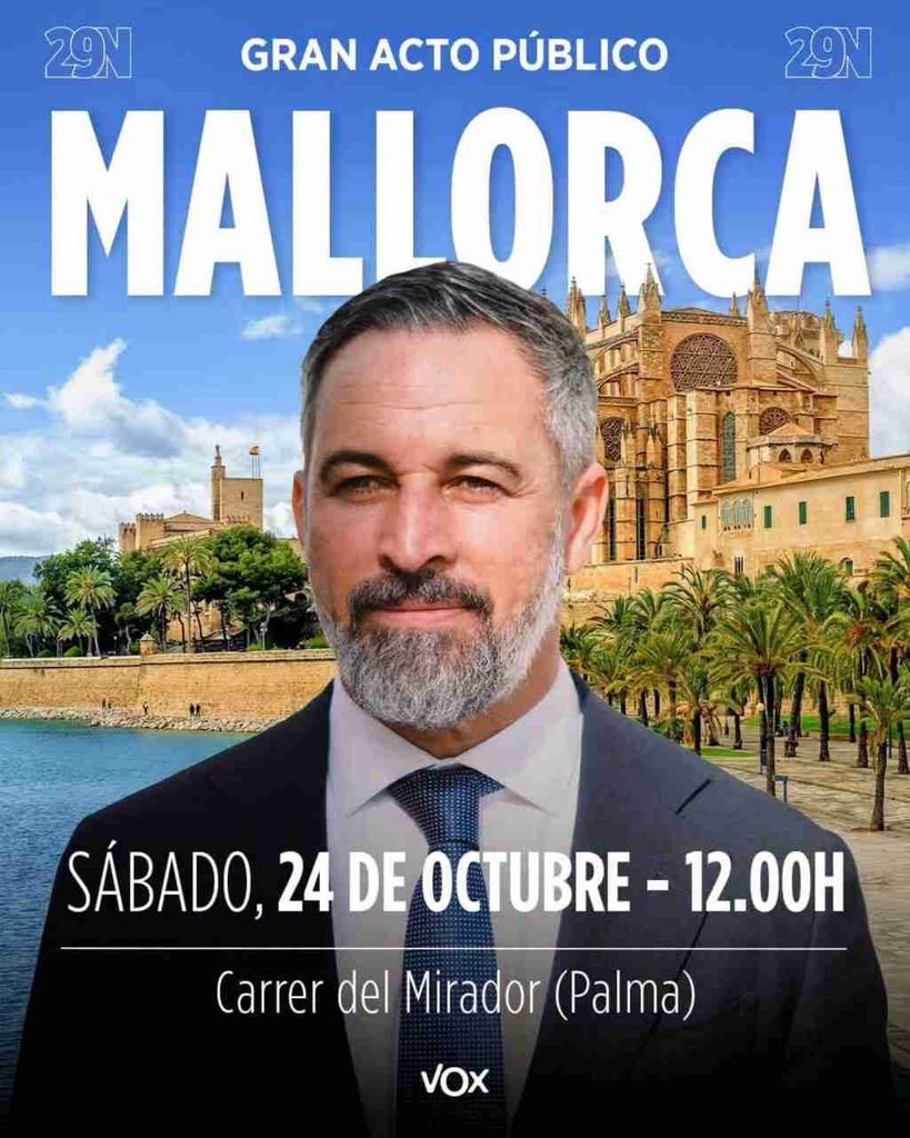 Cartel oficial de VOX anunciando el acto de Santiago Abascal en el Carrer del Mirador de Palma