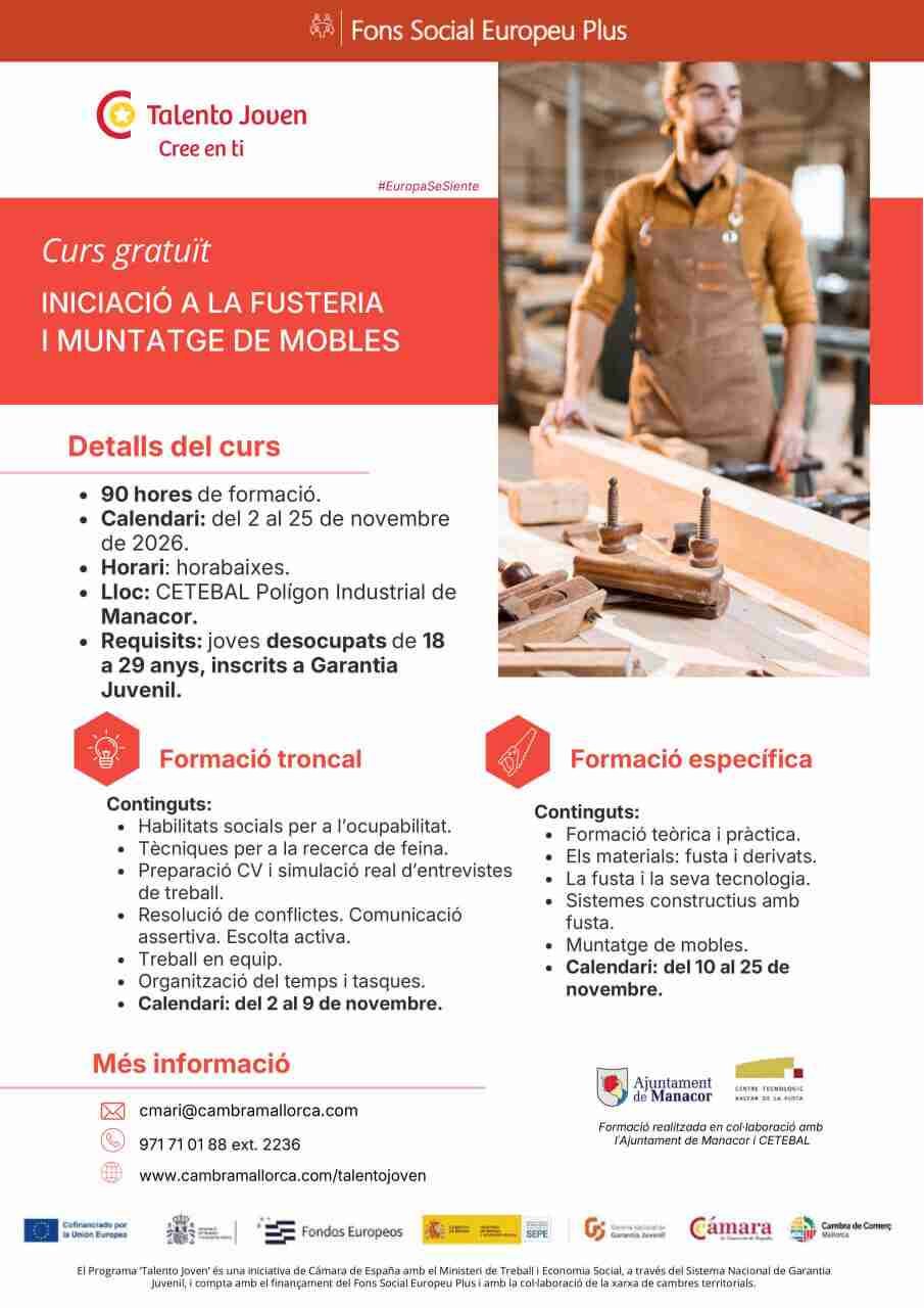 Cartel del curso gratuito de iniciación a la carpintería y montaje de muebles en Manacor