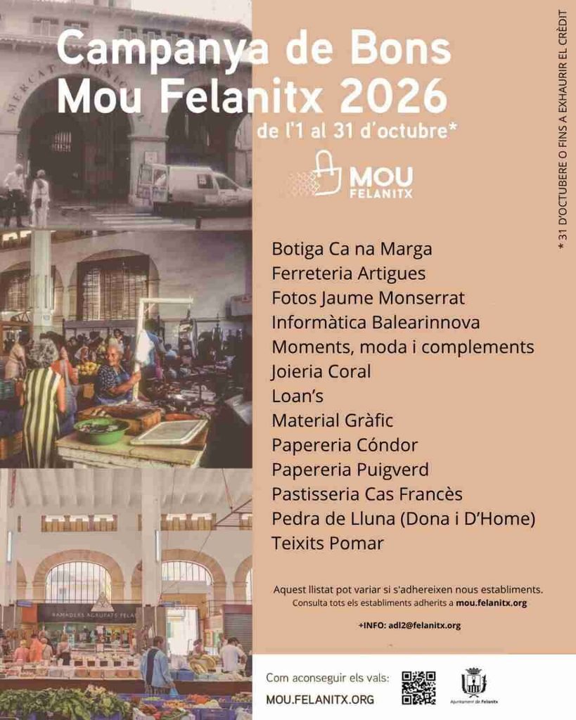 Cartel de la campaña de bonos Mou Felanitx 2026 con la lista de comercios participantes y códigos QR