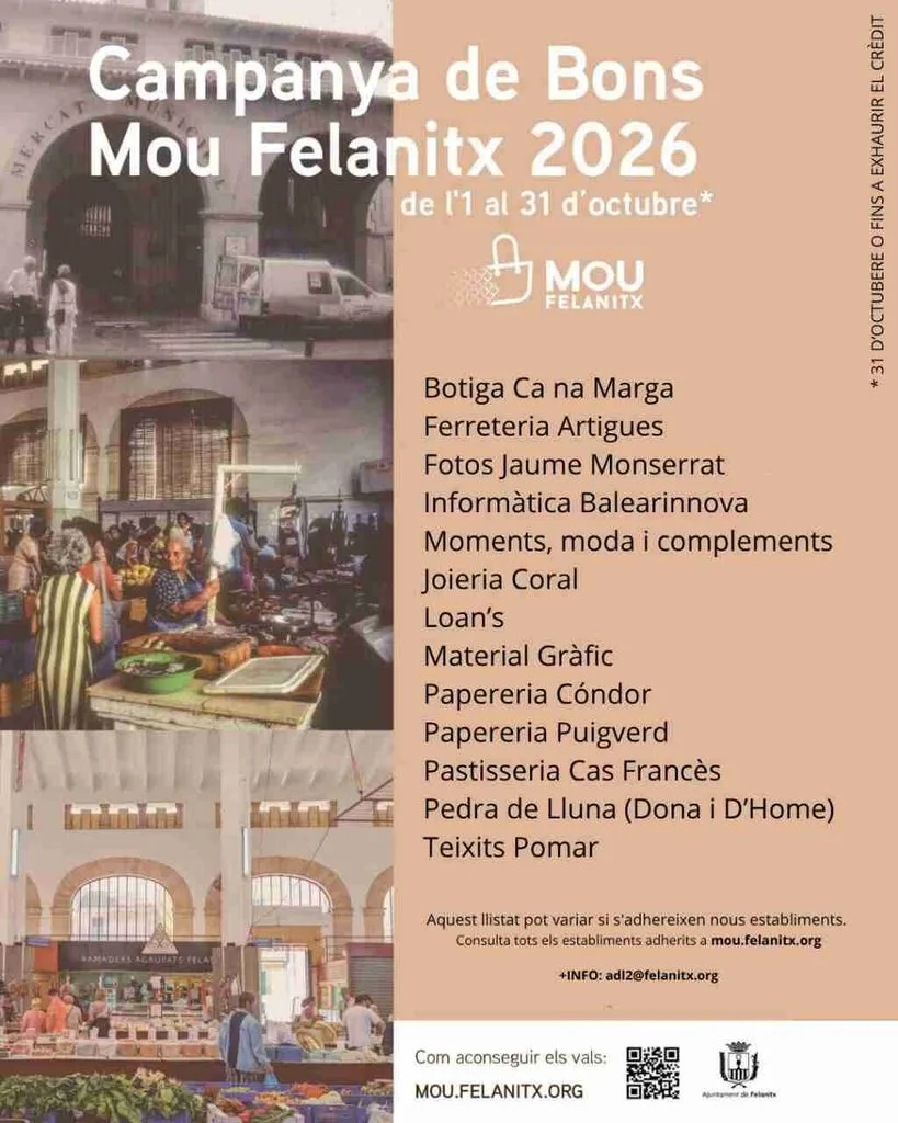 Cartel de la campaña de bonos Mou Felanitx 2026 con la lista de comercios participantes y códigos QR
