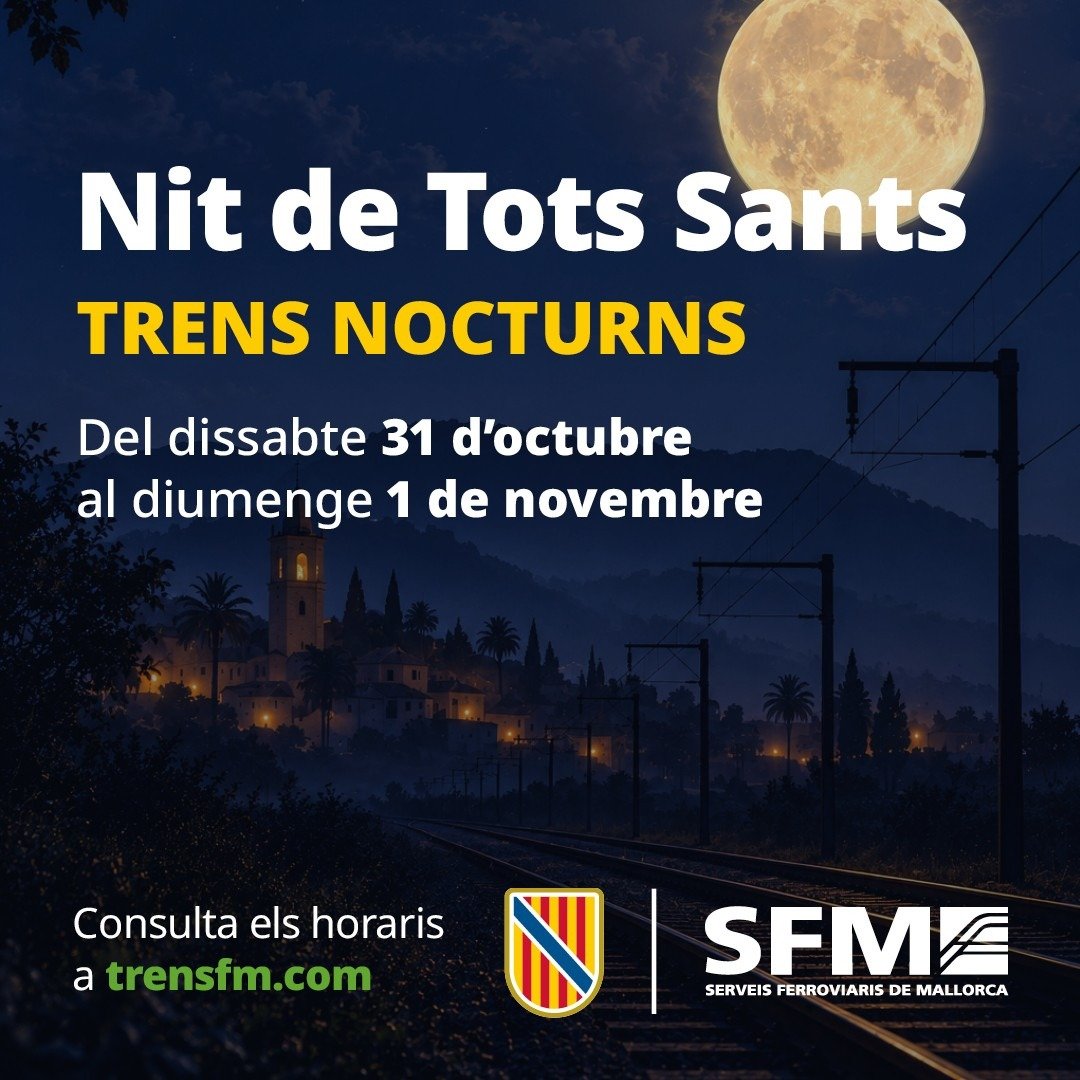 Cartel promocional de SFM con luna llena sobre vías de tren anunciando trenes nocturnos en Todos los Santos