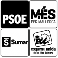 Recuadro con los logotipos en blanco y negro de PSOE, MÉS per Mallorca, Sumar y Esquerra Unida