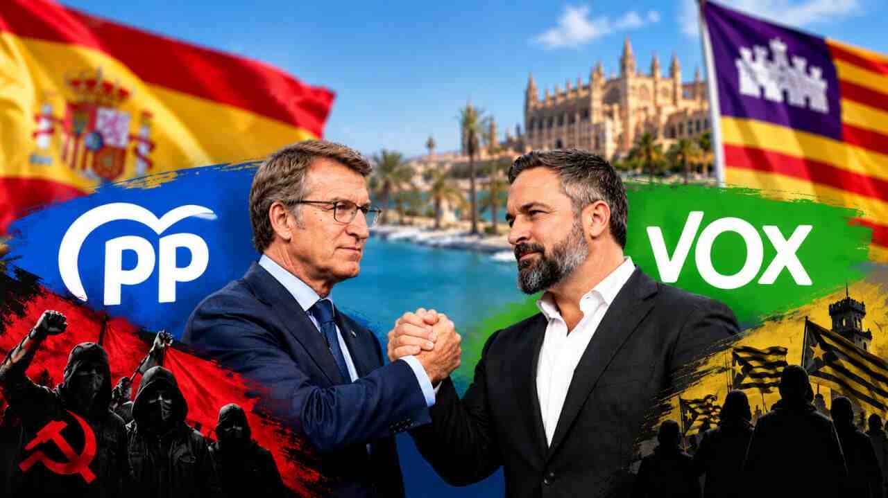 Alberto Núñez Feijóo y Santiago Abascal estrechan la mano ante la Catedral de Palma con banderas de España y Baleares frente al comunismo y separatismo