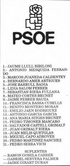 Lista electoral del PSOE de Manacor en 1991 con los padres de Ferran Montero Sitges
