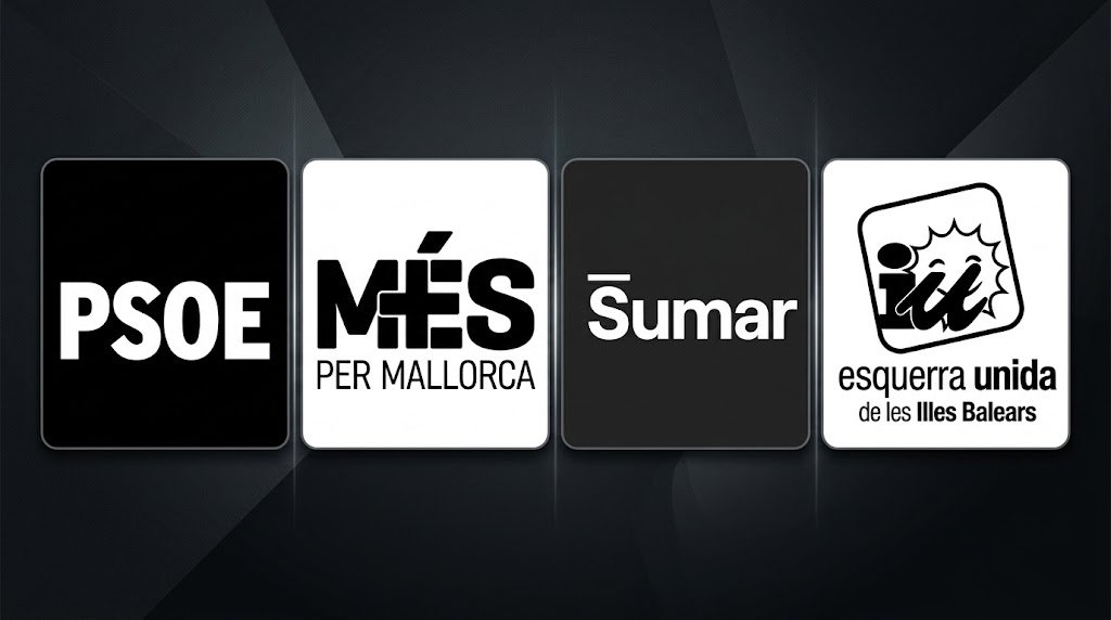 Logotipos de PSOE, MÉS per Mallorca, Sumar y Esquerra Unida sobre fondo oscuro