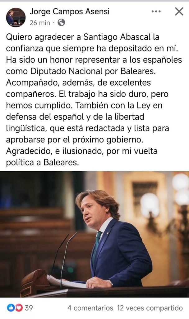 Captura de pantalla del mensaje publicado por Jorge Campos en su perfil de Facebook