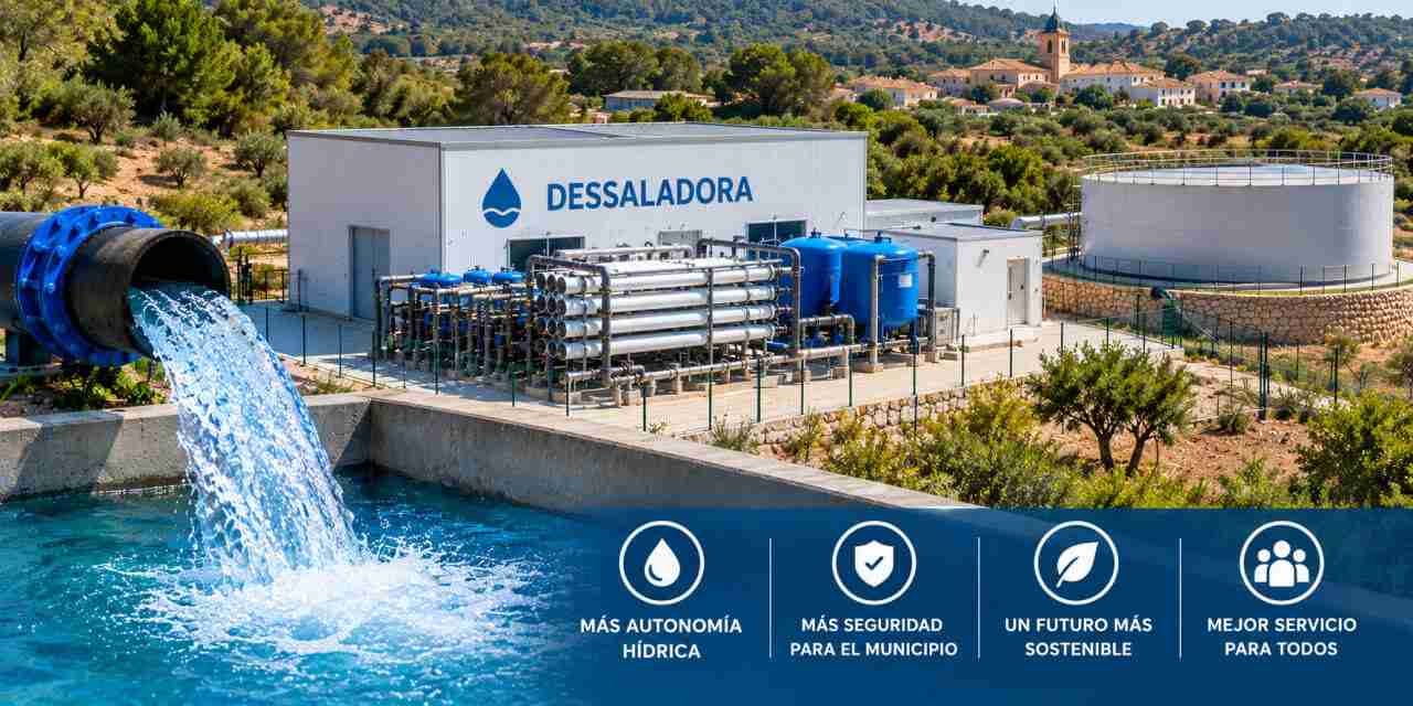 Recreación conceptual generada por IA de la futura desaladora y depósito con Son Carrió de fondo