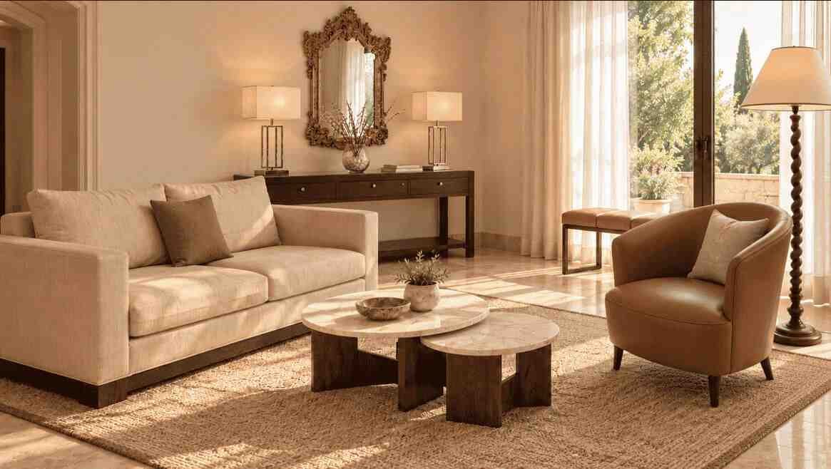 Salón con sofá mesas bajas de mármol y sillón en un hotel de lujo